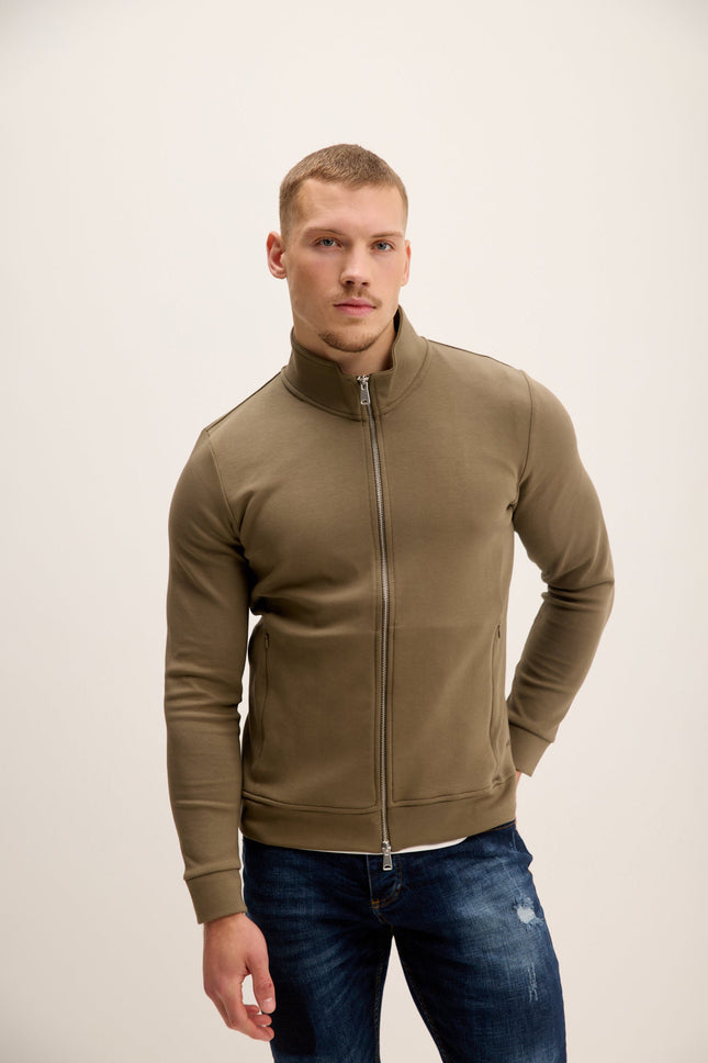Men's Cotton Double Zip Trainer Jacket - Olive | Ron Tomson