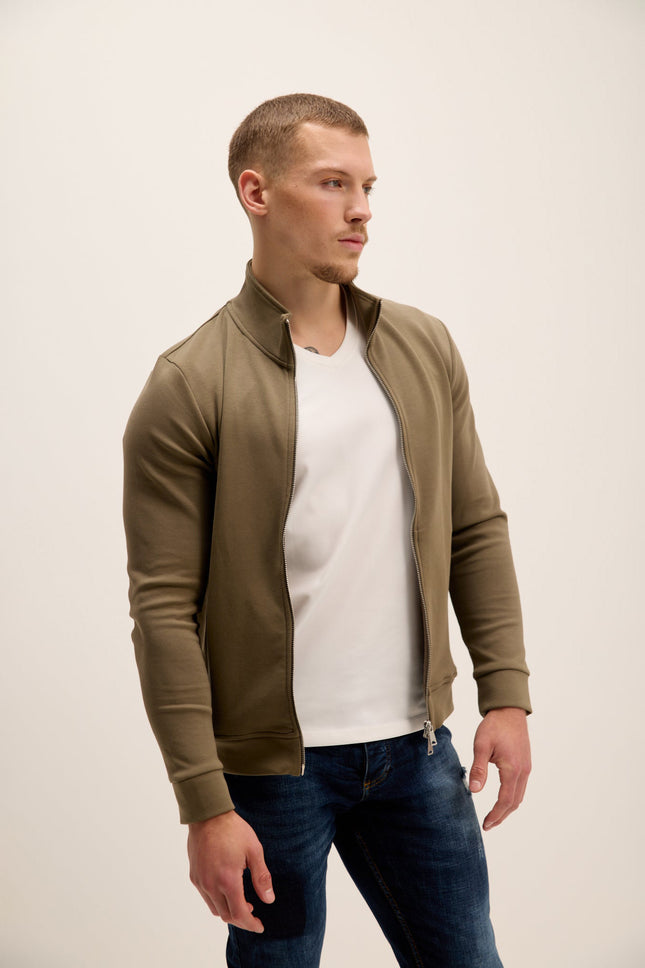 Men's Cotton Double Zip Trainer Jacket - Olive | Ron Tomson