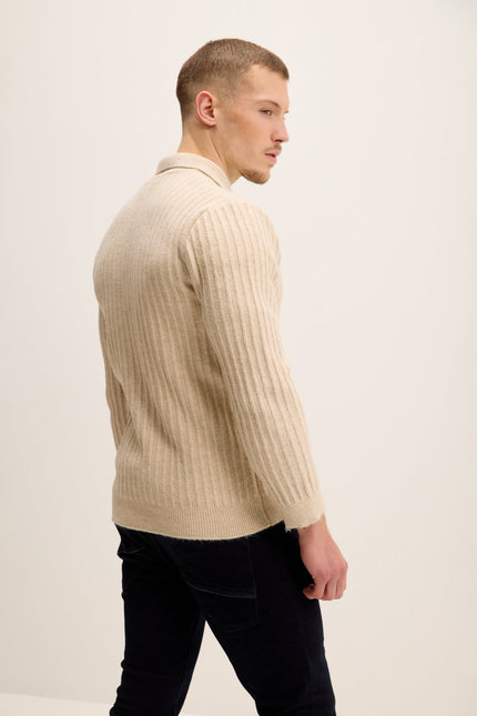 Men's Knit Ribbed Polo Sweater - Stone | Ron Tomson