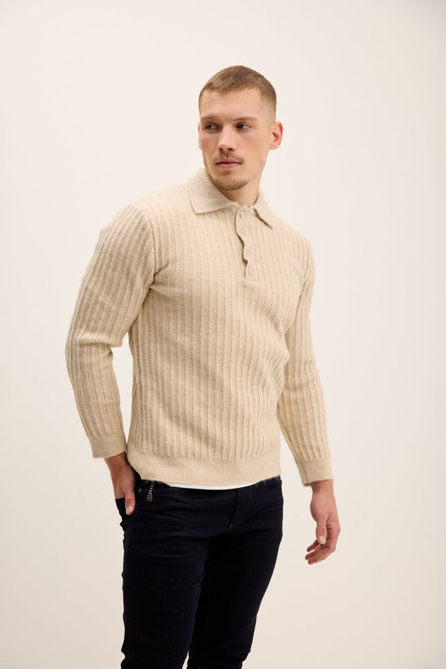 Men's Knit Ribbed Polo Sweater - Stone | Ron Tomson