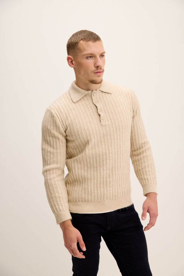 Men's Knit Ribbed Polo Sweater - Stone | Ron Tomson