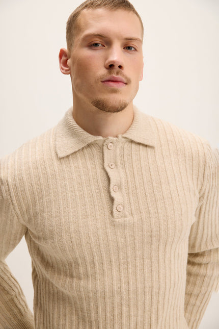 Men's Knit Ribbed Polo Sweater - Stone | Ron Tomson