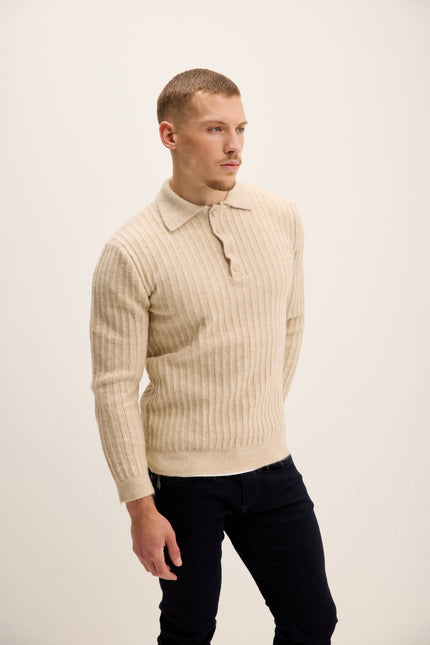 Men's Knit Ribbed Polo Sweater - Stone | Ron Tomson