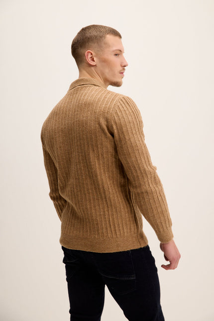 Men's Knit Ribbed Polo Sweater - Camel | Ron Tomson
