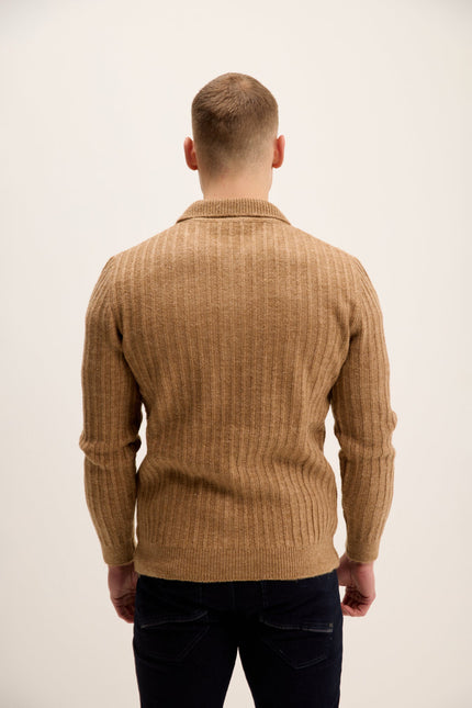 Men's Knit Ribbed Polo Sweater - Camel | Ron Tomson