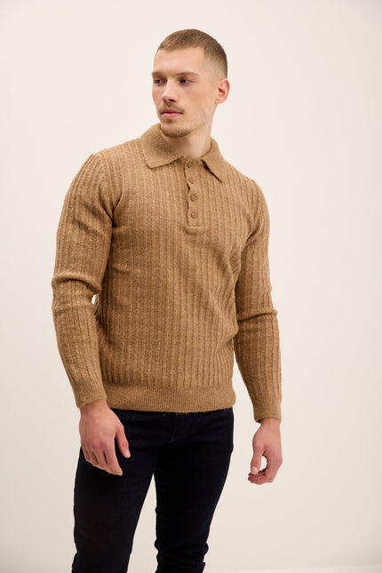 Men's Knit Ribbed Polo Sweater - Camel | Ron Tomson