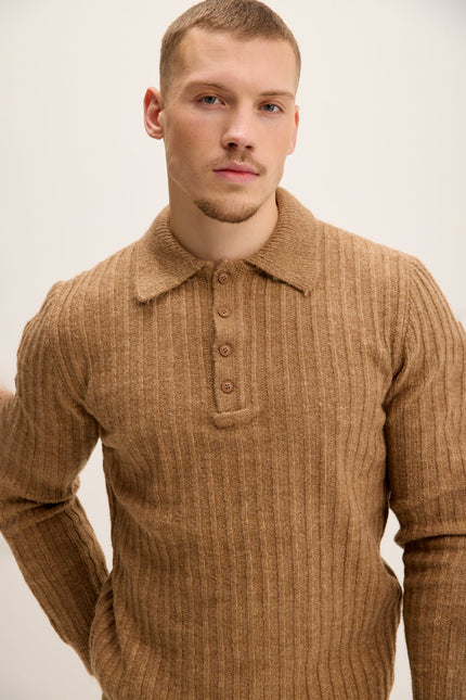 Men's Knit Ribbed Polo Sweater - Camel | Ron Tomson