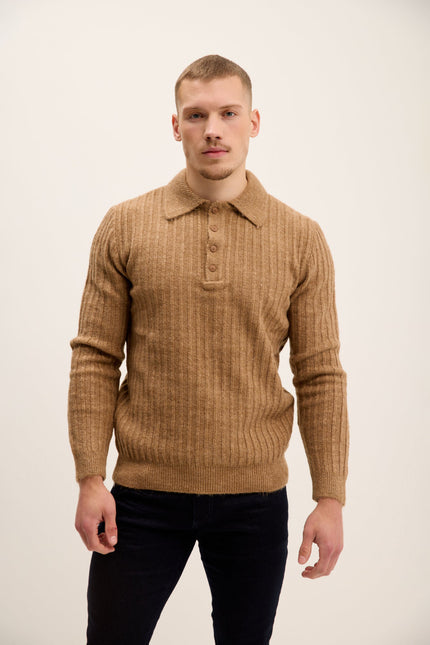 Men's Knit Ribbed Polo Sweater - Camel | Ron Tomson