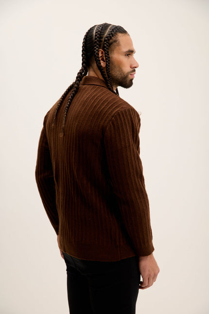 Men's Knit Ribbed Polo Sweater - Brown | Ron Tomson