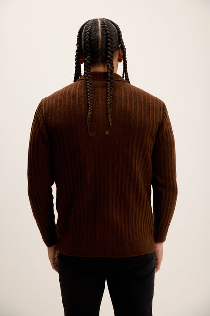 Men's Knit Ribbed Polo Sweater - Brown | Ron Tomson
