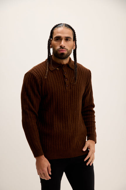Men's Knit Ribbed Polo Sweater - Brown | Ron Tomson