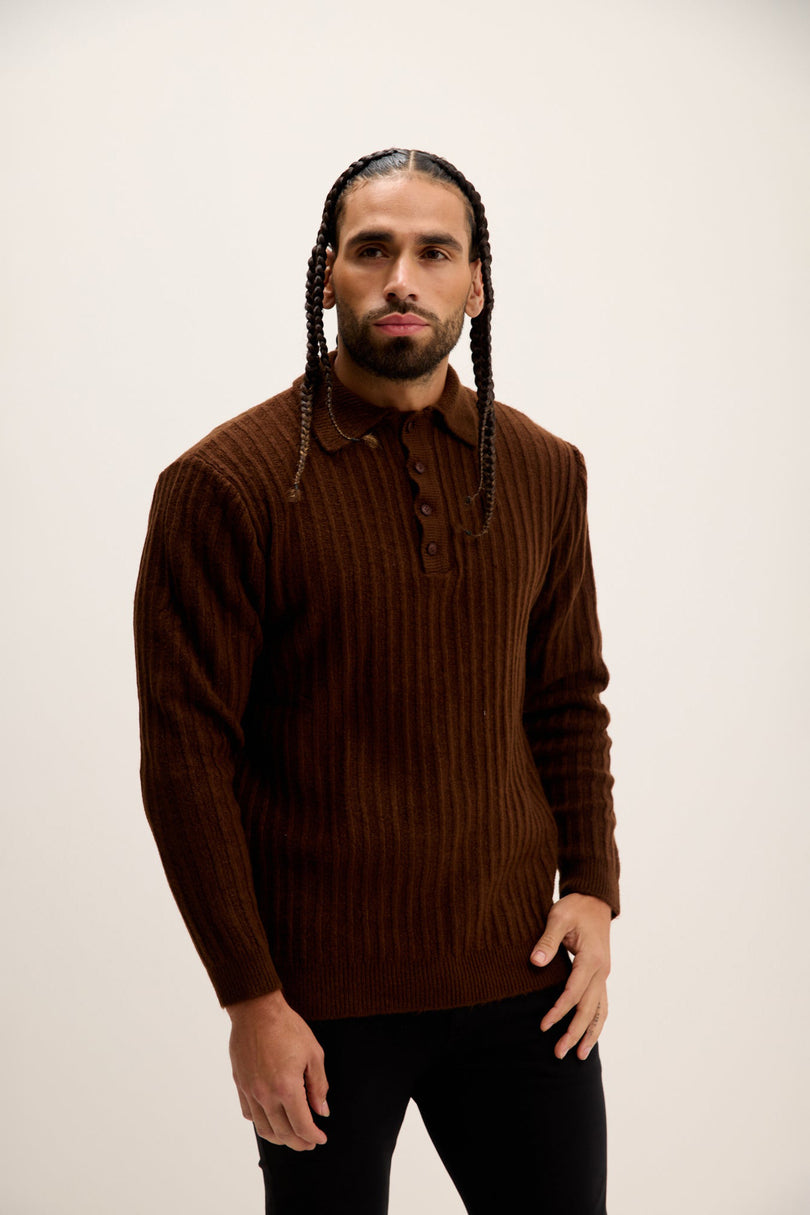 Men's Knit Ribbed Polo Sweater - Brown | Ron Tomson