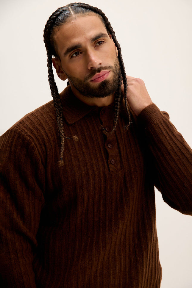 Men's Knit Ribbed Polo Sweater - Brown | Ron Tomson