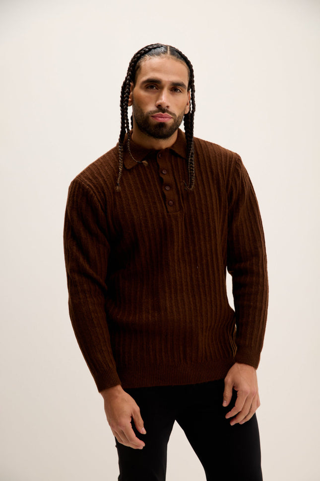 Men's Knit Ribbed Polo Sweater - Brown | Ron Tomson