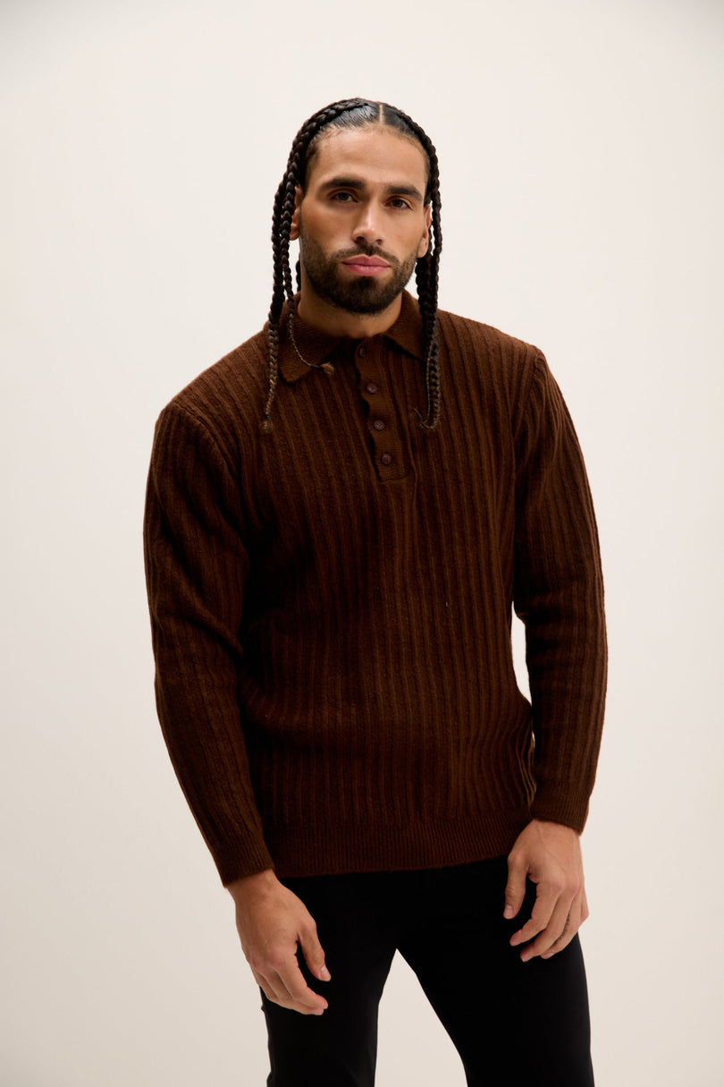 Men's Knit Ribbed Polo Sweater - Brown | Ron Tomson
