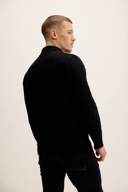 Men's Knit Ribbed Polo Sweater - Black | Ron Tomson
