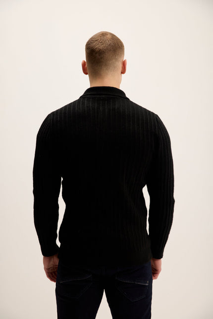 Men's Knit Ribbed Polo Sweater - Black | Ron Tomson