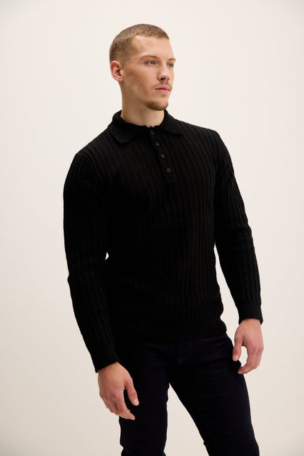 Men's Knit Ribbed Polo Sweater - Black | Ron Tomson
