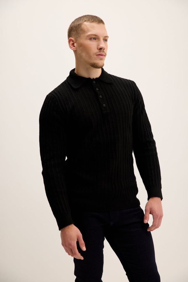 Men's Knit Ribbed Polo Sweater - Black | Ron Tomson
