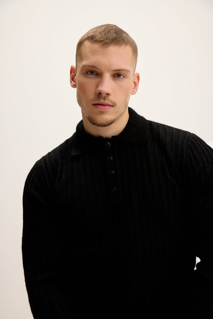 Men's Knit Ribbed Polo Sweater - Black | Ron Tomson