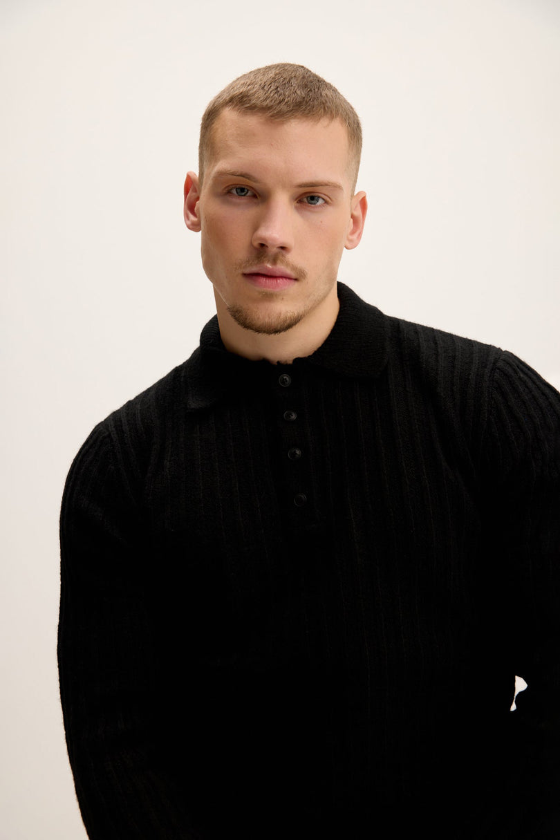 Men's Knit Ribbed Polo Sweater - Black | Ron Tomson