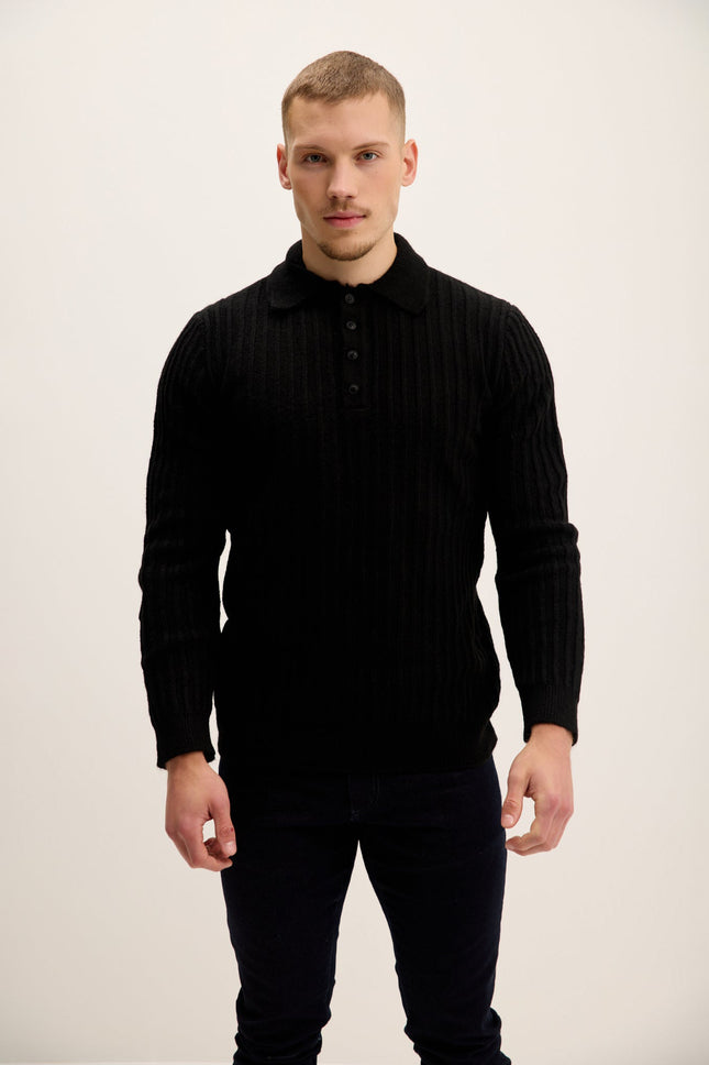 Men's Knit Ribbed Polo Sweater - Black | Ron Tomson