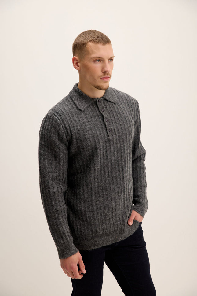Men's Knit Ribbed Polo Sweater - Anthracite | Ron Tomson