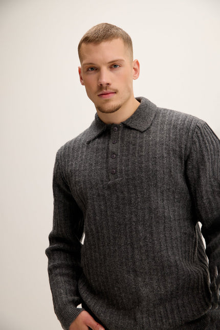 Men's Knit Ribbed Polo Sweater - Anthracite | Ron Tomson