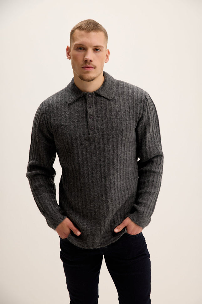 Men's Knit Ribbed Polo Sweater - Anthracite | Ron Tomson