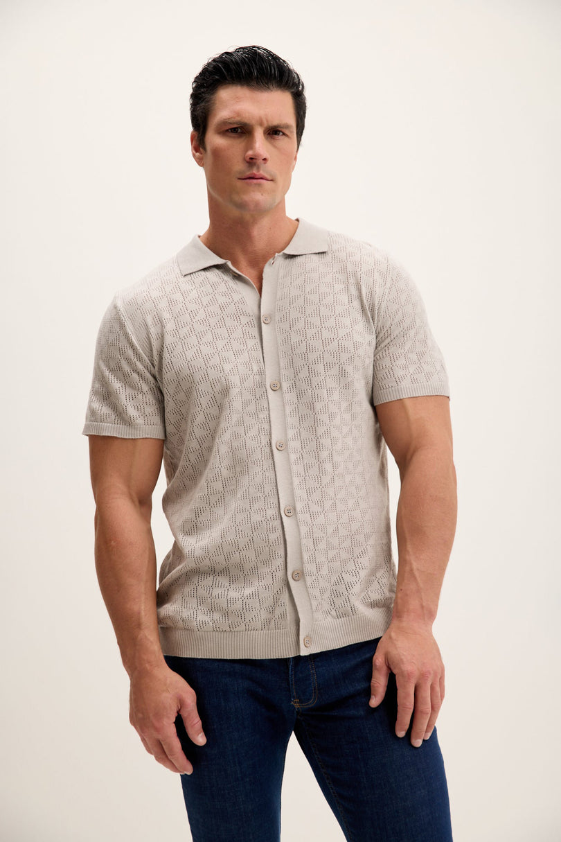 Men's Crochet Polo Shirt - Grey | Ron Tomson