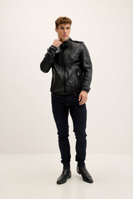 Men's Nappa Lambskin Epaulette Bomber Jacket - Black | Ron Tomson