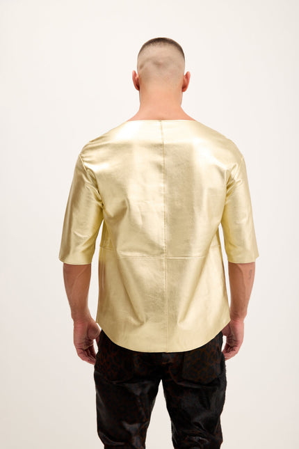 Men's Lambskin Leather V-Neck Shirt - Gold | Ron Tomson