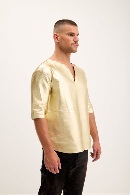 Men's Lambskin Leather V-Neck Shirt - Gold | Ron Tomson