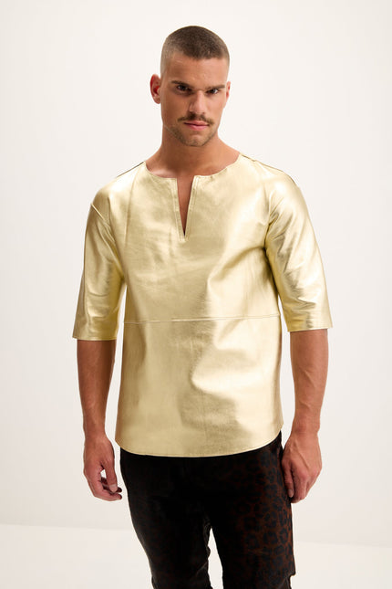 Men's Lambskin Leather V-Neck Shirt - Gold | Ron Tomson