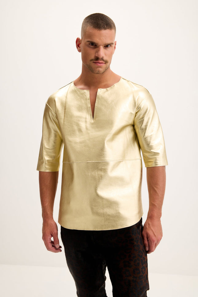 Men's Lambskin Leather V-Neck Shirt - Gold | Ron Tomson