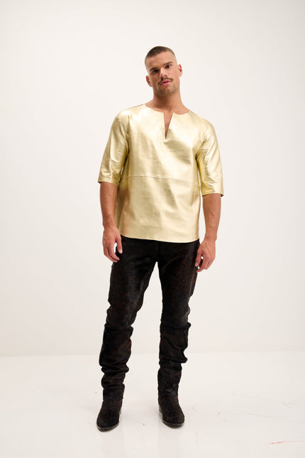 Men's Lambskin Leather V-Neck Shirt - Gold | Ron Tomson