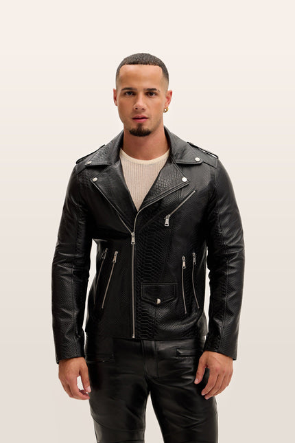 Croc Embossed Zippered Moto Jacket - Black