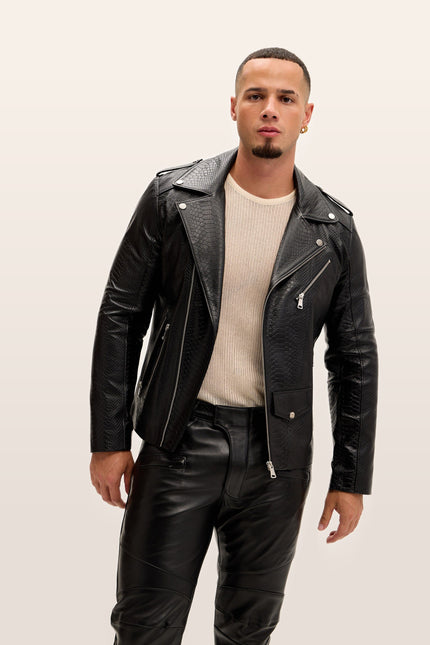 Croc Embossed Zippered Moto Jacket - Black