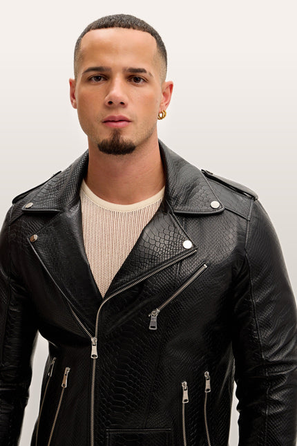 Croc Embossed Zippered Moto Jacket - Black