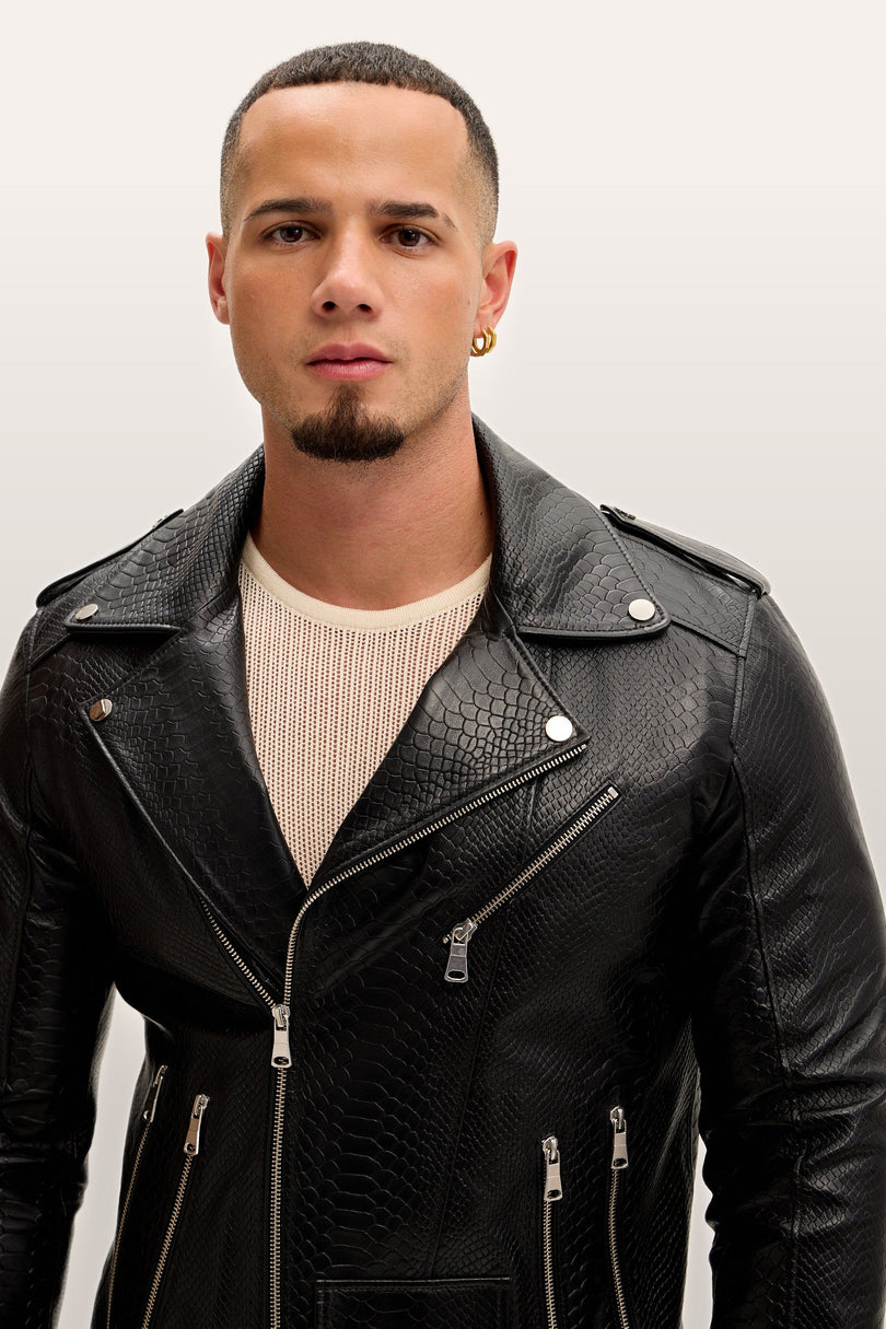 Croc Embossed Zippered Moto Jacket - Black