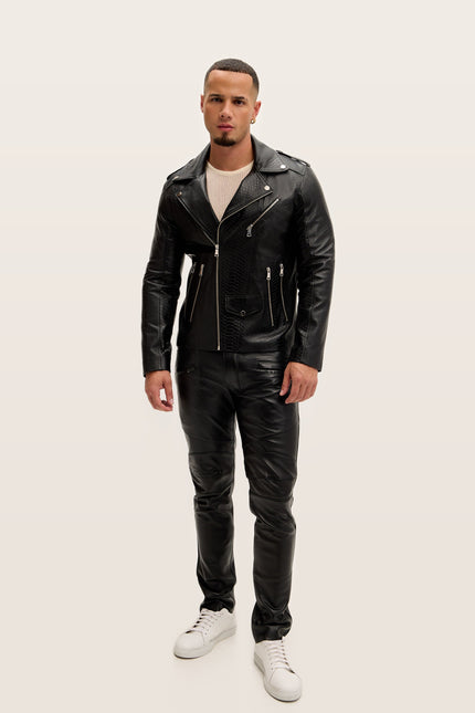 Croc Embossed Zippered Moto Jacket - Black
