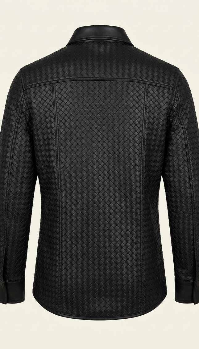 Men's Woven Leather Shirt - Black - Back - Ron Tomson