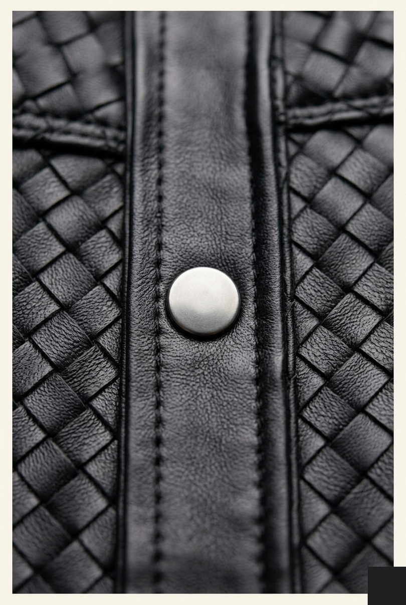 Men's Woven Leather Shirt - Black - Detail - Ron Tomson