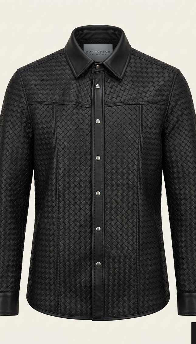 Men's Woven Leather Shirt - Black - Ron Tomson