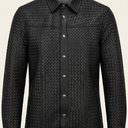Men's Woven Leather Shirt - Black - Ron Tomson
