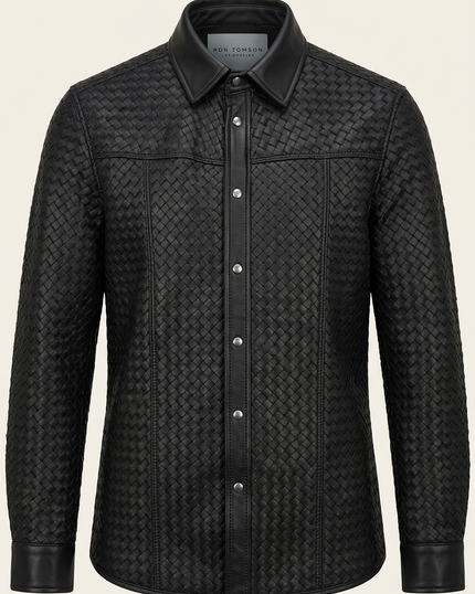 Men's Woven Leather Shirt - Black - Ron Tomson