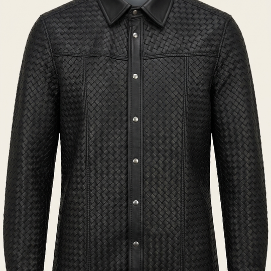 Men's Woven Leather Shirt - Black - Ron Tomson