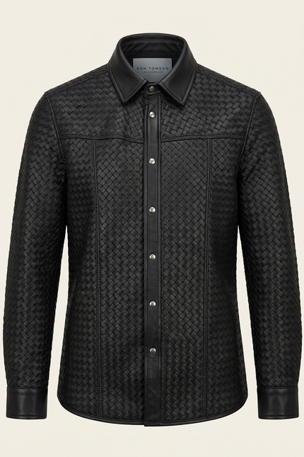 Men's Woven Leather Shirt - Black - Ron Tomson