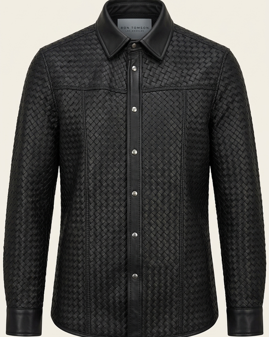 Men's Woven Leather Shirt - Black - Ron Tomson