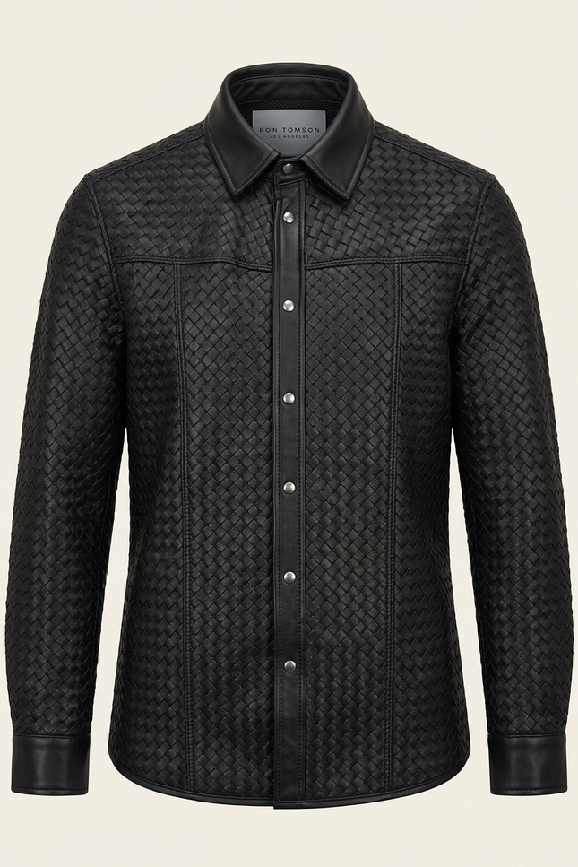 Men's Woven Leather Shirt - Black - Ron Tomson